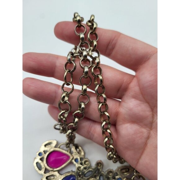 J. Crew Bold Colorful Chunky Statement Necklace Jewel Tones Blue Clear Fuchsia - Picture 12 of 12